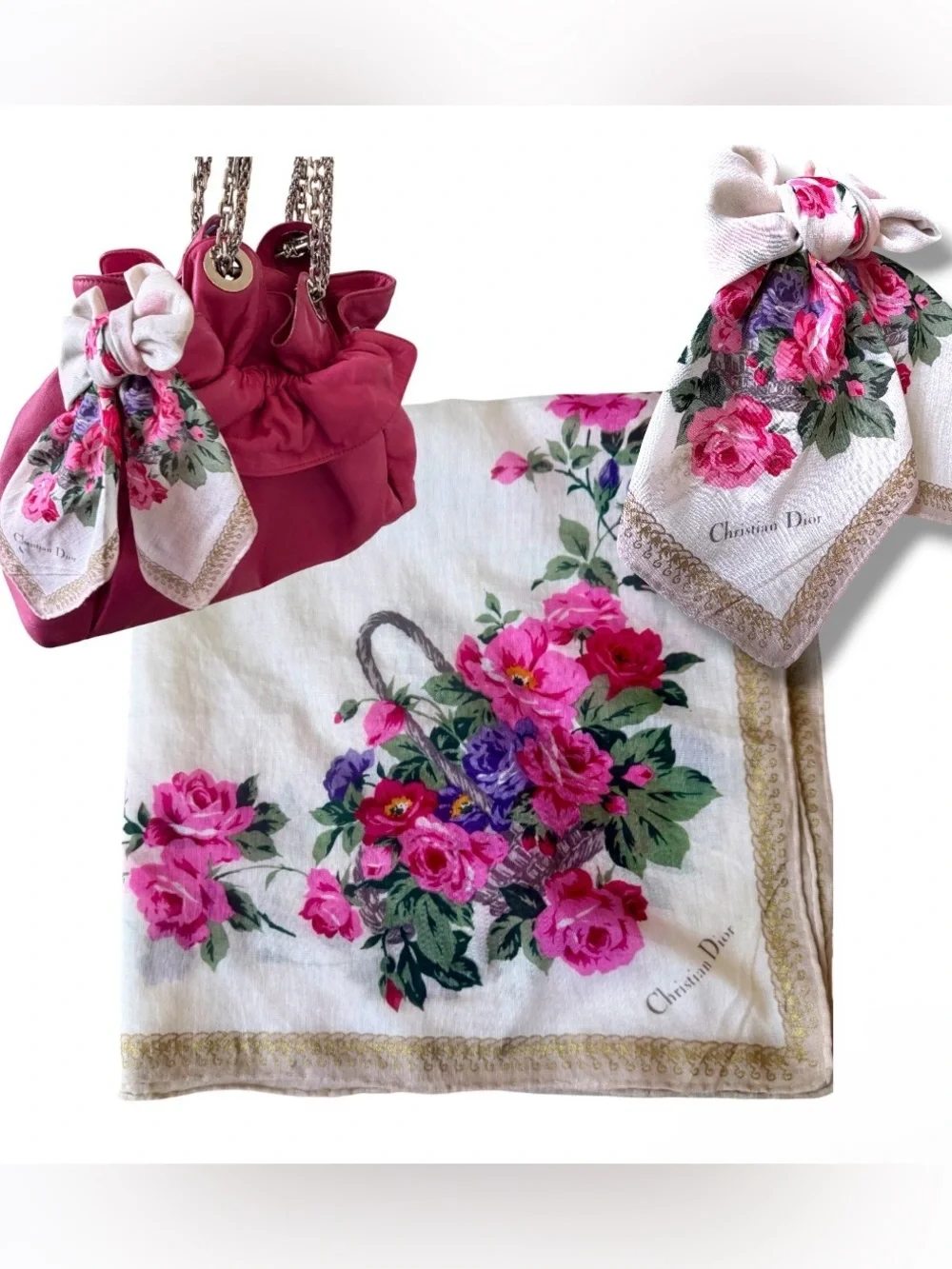 Dior Pink Floral Cottagecore Silky Scarf Bandana Headband Bag Scarf Neckerchief